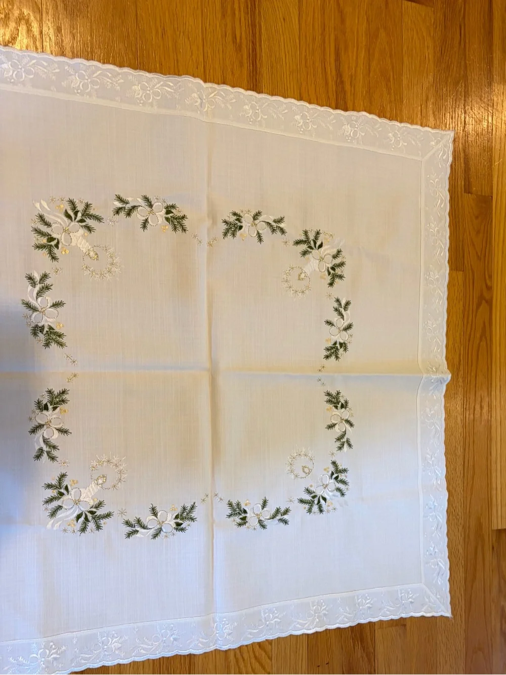 Embroidered White Square Tablecloth with Green Floral Design